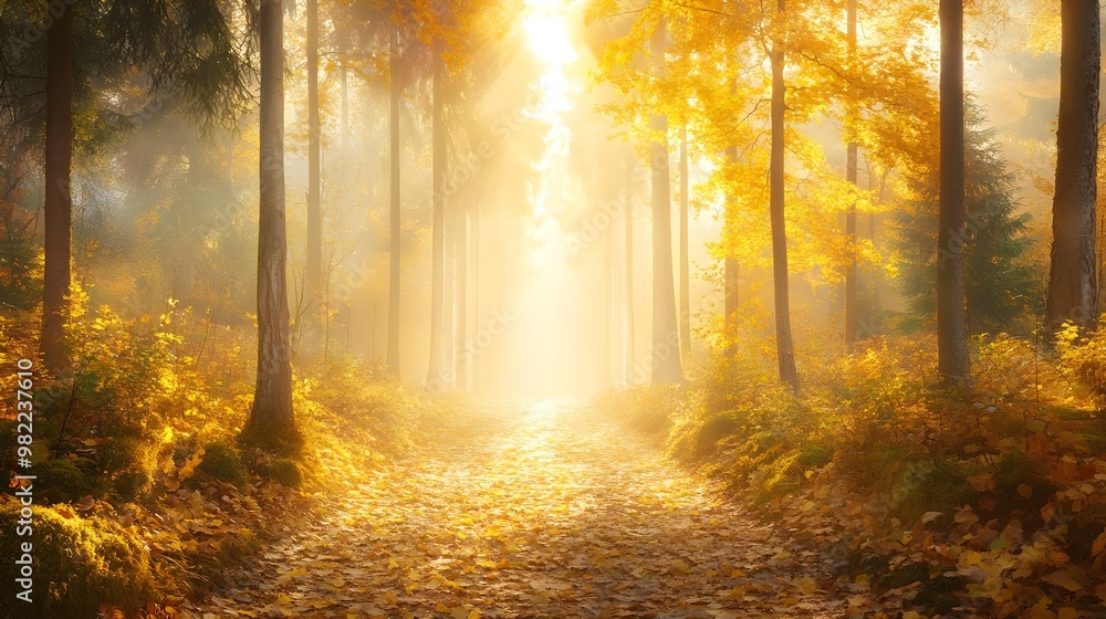 A serene autumn forest path illuminated by golden sunlight, featuring vibrant leaves and a tranquil atmosphere. A serene autumn forest path illuminated by golden sunlight, featuring vibrant leaves and a tranquil atmosphere.