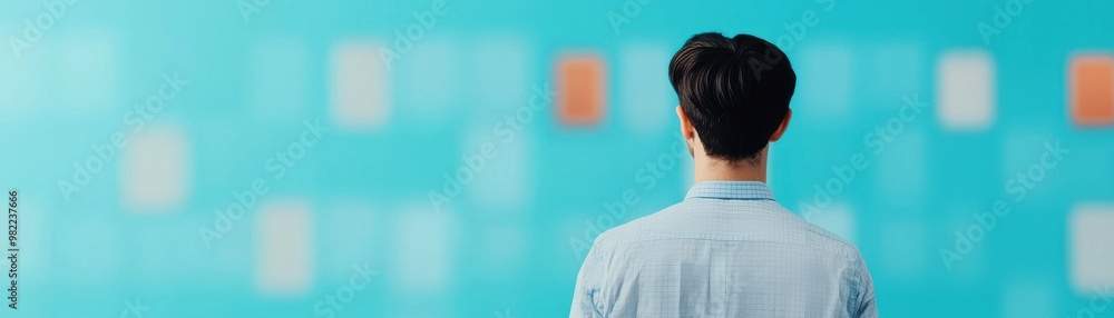 A person stands in front of a vibrant blue wall, contemplating creativity and ideas in a modern workspace. A person stands in front of a vibrant blue wall, contemplating creativity and ideas in a modern workspace.