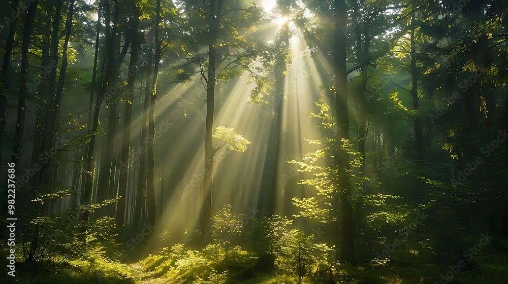 Fototapeta premium Sunlight streams through trees in a serene forest, creating a tranquil atmosphere.