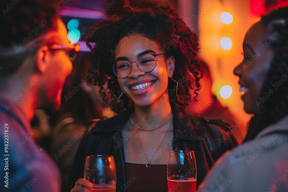 Fototapeta premium A joyful gathering of friends enjoying drinks at a lively social event.