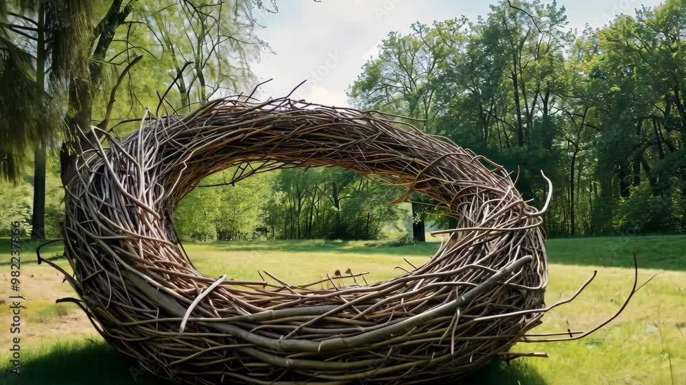 Art installation of a giant twig nest in a serene park surrounded by trees on a sunny day Art installation of a giant twig nest in a serene park surrounded by trees on a sunny day