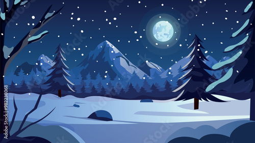 Winter colorful landscape. Background or wallpaper of forest on winter night. Mountains in the background. Moon in the sky. It is snowing. Vector illustration in cartoon style. Without people and buil