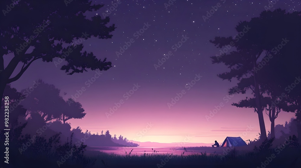 A serene camping scene at twilight, featuring a starry sky over a calm lake, surrounded by silhouettes of trees. A serene camping scene at twilight, featuring a starry sky over a calm lake, surrounded by silhouettes of trees.