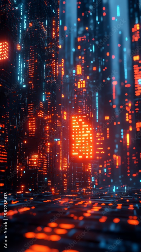 Abstract futuristic cityscape with glowing red and blue lights and a blurred background. Abstract futuristic cityscape with glowing red and blue lights and a blurred background.