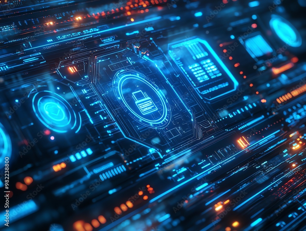 Abstract futuristic digital interface with glowing blue and orange lines. Abstract futuristic digital interface with glowing blue and orange lines.