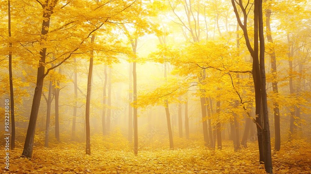 A serene forest scene with glowing yellow leaves, creating a tranquil and enchanting atmosphere in the autumn mist. A serene forest scene with glowing yellow leaves, creating a tranquil and enchanting atmosphere in the autumn mist.