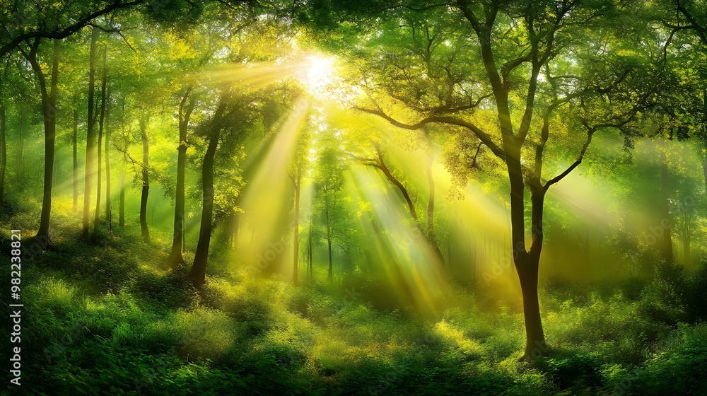 Obraz premium A serene forest scene with sunlight filtering through lush green trees, creating a tranquil and peaceful atmosphere.
