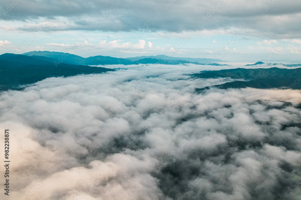 Aerial view of fog and morning sky from drone Aerial view of fog and morning sky from drone