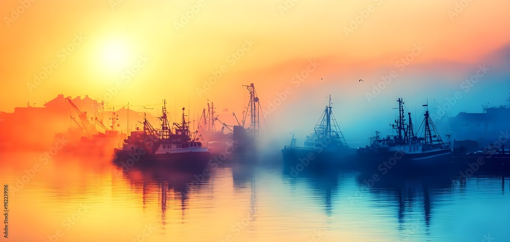 A serene harbor scene at sunrise, with silhouettes of boats surrounded by mist and vibrant colors reflecting on the water. A serene harbor scene at sunrise, with silhouettes of boats surrounded by mist and vibrant colors reflecting on the water.