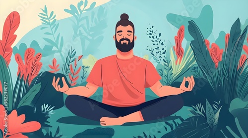 A serene illustration of a man meditating amidst vibrant nature, embodying peace and tranquility in a colorful environment.