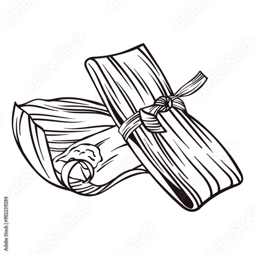Black and White Illustration of Tamales Wrapped in Corn Husks