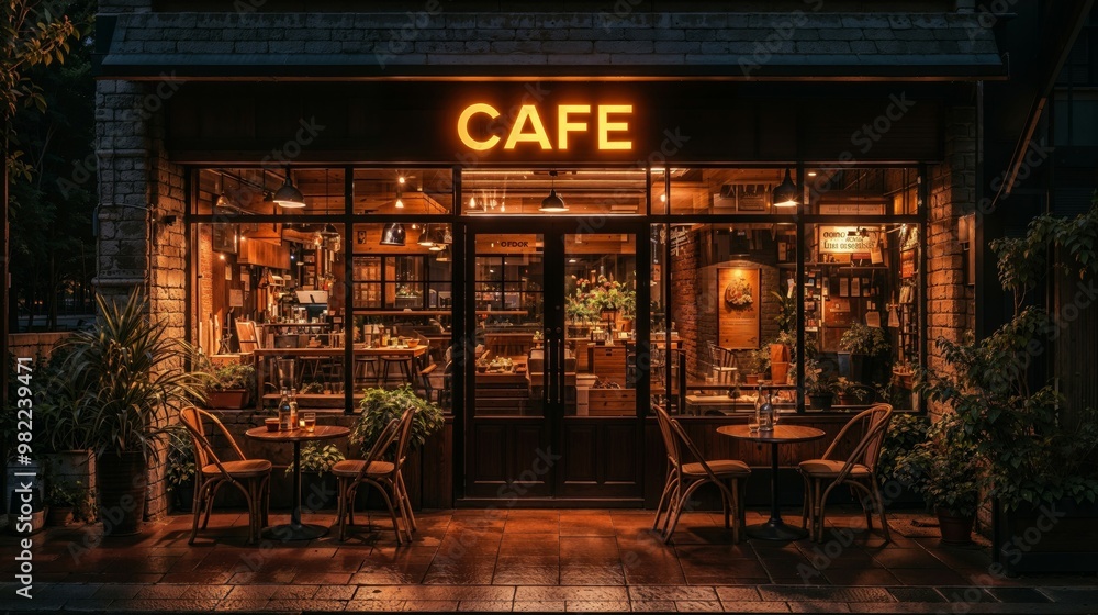 Obraz premium A cafe is beautifully illuminated at night during a gloomy rainy day