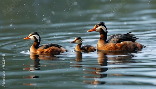 Silvery Grebes Family Gracefully Swimming on Tranquil Lake