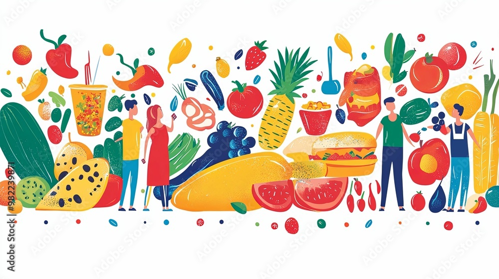 Fototapeta premium Colorful Illustration of People, Fruits, and Vegetables