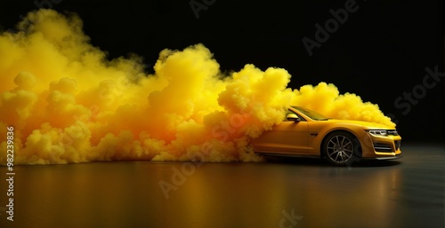 Yellow car with yellow smoke on a bright black background