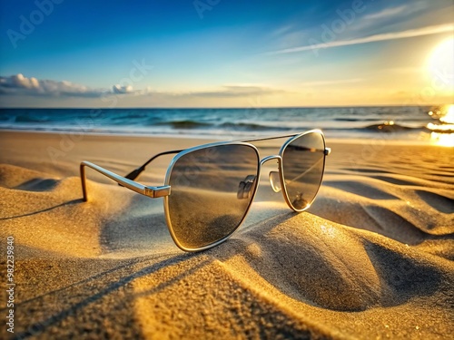 Wallpaper Mural A lone pair of stylish, silver-framed glasses sits partially buried in the warm, golden sand of a sun-kissed beach. Torontodigital.ca