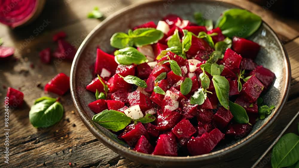 Fresh beetroot salad with herbs and onions prepared in a rustic kitchen setting Fresh beetroot salad with herbs and onions prepared in a rustic kitchen setting