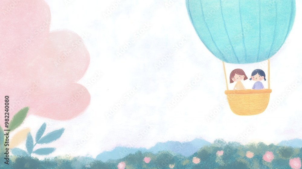 Obraz premium Illustration of two children in a hot air balloon floating over a scenic landscape with trees and flowers. Soft pastel colors and empty space for text. Children's design for greeting cards, invitation
