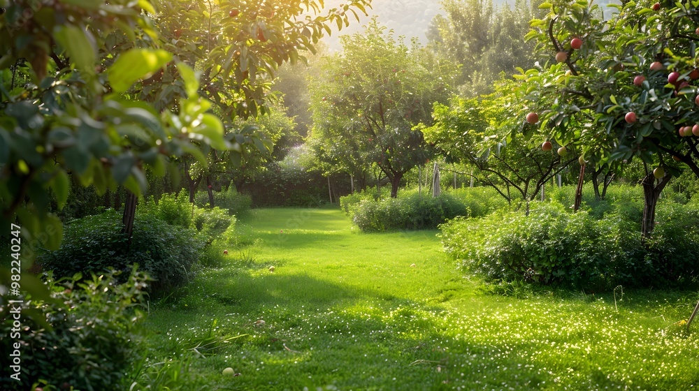Fototapeta premium Lush Urban Orchard Providing Bountiful Harvest for Sustainable Community