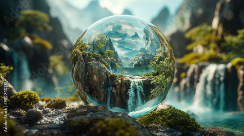 A beautiful glass sphere containing a miniature landscape with waterfalls, green mountains and rivers.