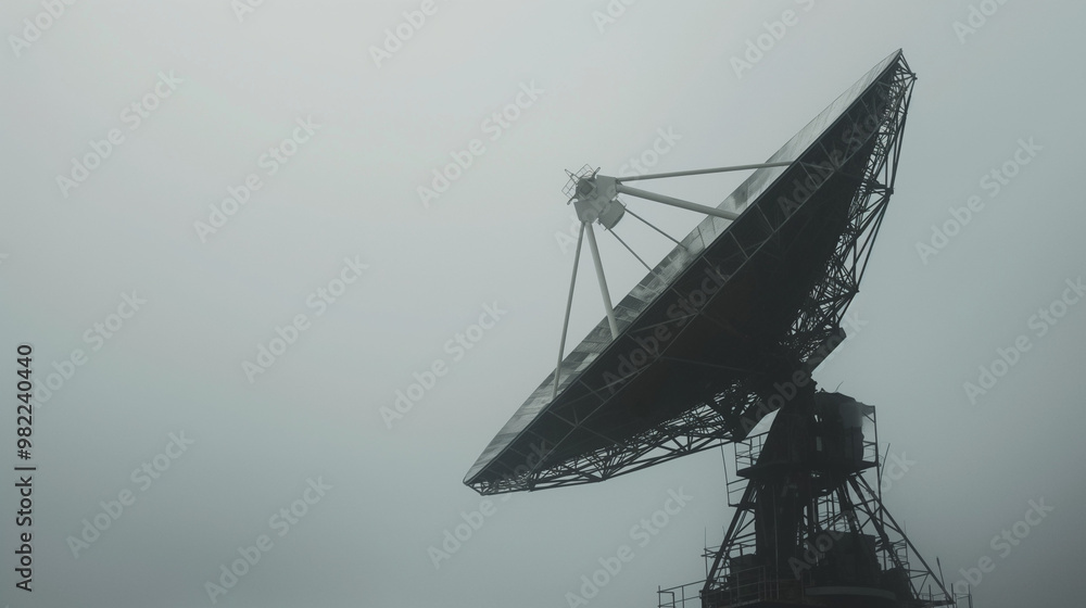 Cinematic shot of a large satellite dish against a grey sky background in the movie style Cinematic shot of a large satellite dish against a grey sky background in the movie style