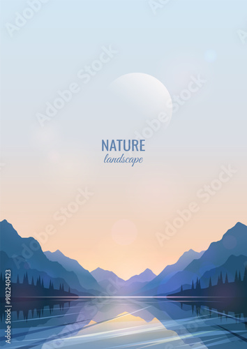 View of mountains and lake at sunset. Beautiful nature background. The moon in the sky. A peaceful scene. Vector image.
