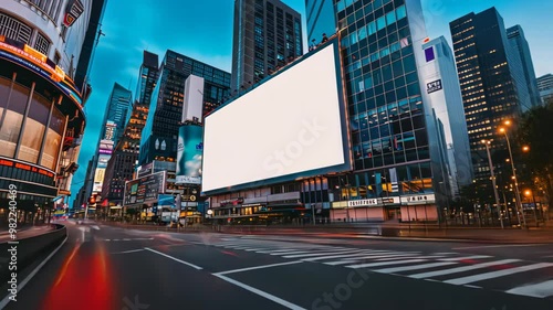 A vibrant urban scene in Times Square, New York City, featuring towering skyscrapers, bright neon signs, and a large blank billboard. lively atmosphere captures the essence of this iconic destination.