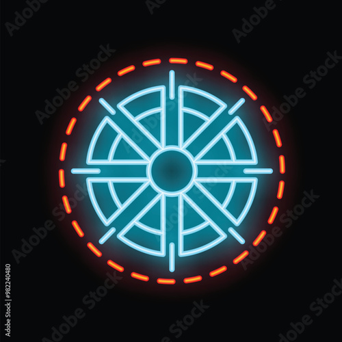 Blue neon sign of a dharma wheel glowing on black background