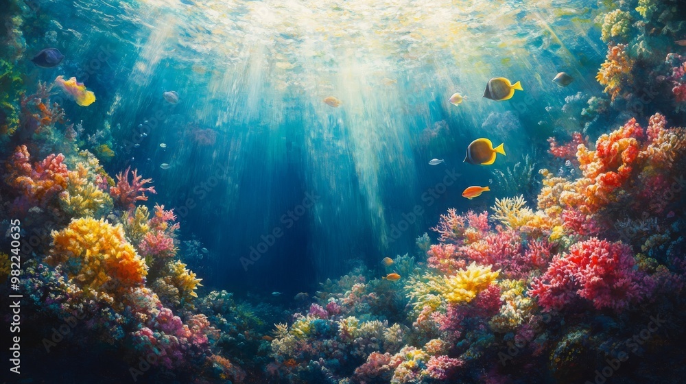 Fototapeta premium A Vibrant Underwater Scene with Colorful Coral Reefs and Fish