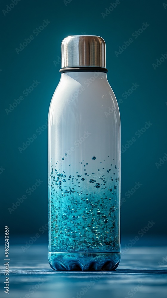 Close-up hand holding white steel stainless thermo water bottle background of cyan, aqua menthe color V Close-up hand holding white steel stainless thermo water bottle background of cyan, aqua menthe color V