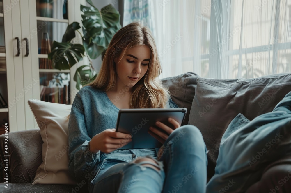 Beautiful young woman using tablet sitting on sofa at home at living room on a transparent background Beautiful young woman using tablet sitting on sofa at home at living room on a transparent background