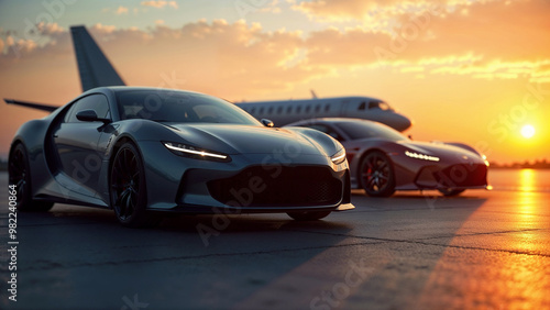 Luxury cars with airplane at sunset