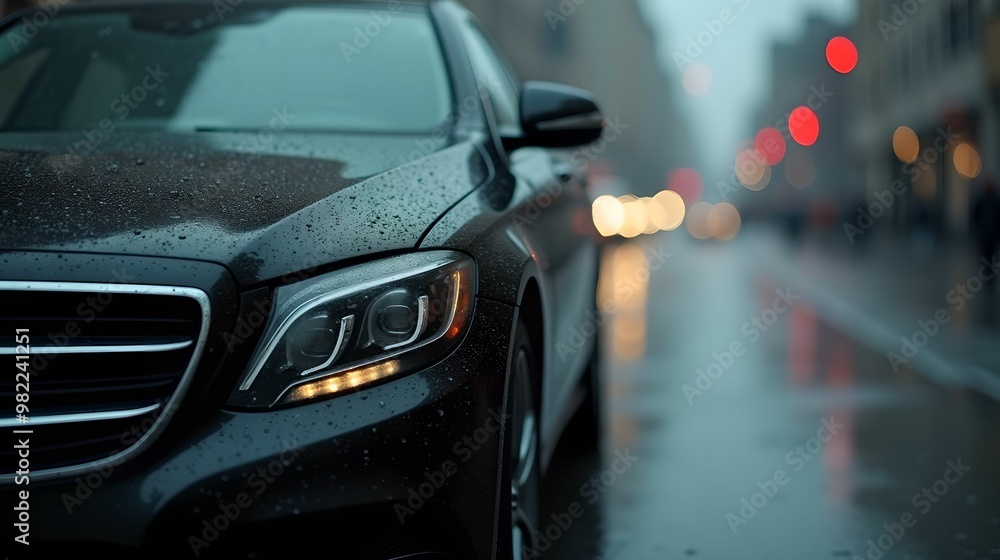 Dark luxury car in the rain. Dark luxury car in the rain.