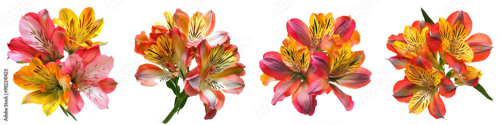 Naklejka premium Vibrant and colorful bouquet of blooming flowers including alstroemeria lily tulip rose chrysanthemum and other floral elements arranged in a natural organic display