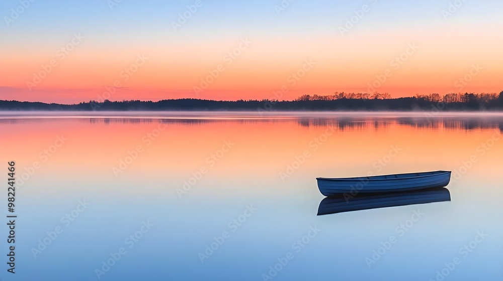 Fototapeta premium A serene sunset over calm waters, featuring a solitary boat reflecting the vibrant colors of the sky.