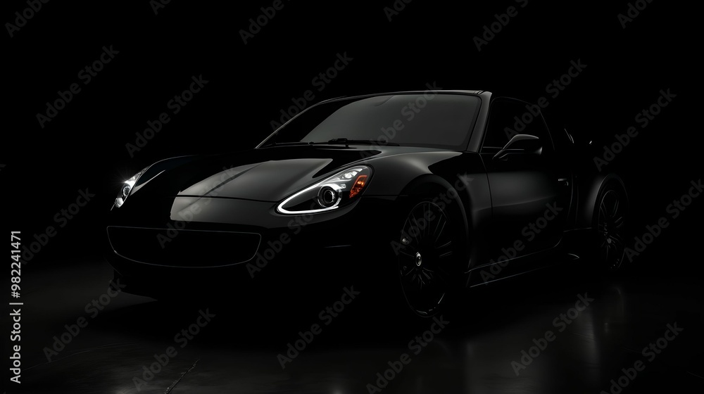 Sports black car in the dark. Black studio background, backlight only from headlights Sports black car in the dark. Black studio background, backlight only from headlights