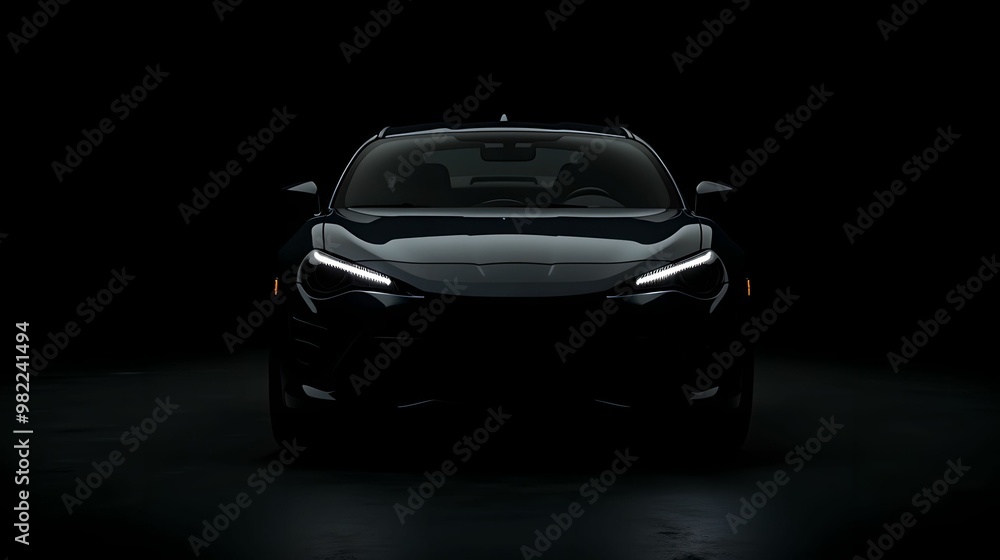 Fototapeta premium Sports black car in the dark. Black studio background, backlight only from headlights
