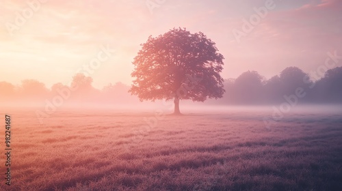 A serene tree stands alone in a misty field, illuminated by soft sunrise hues, evoking peace and tranquility in nature.