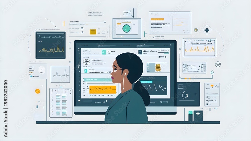 Woman with Earbuds Monitoring Data on Multiple Screens Woman with Earbuds Monitoring Data on Multiple Screens