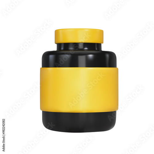 3d render of sports supplement jar in black and yellow color. Vector illustration on isolated white background