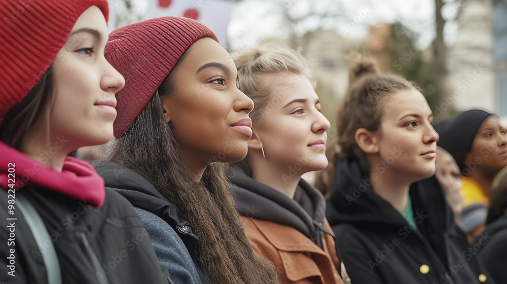 Diverse group of four young women standing outdoors in winter attire at the demonstration Diverse group of four young women standing outdoors in winter attire at the demonstration