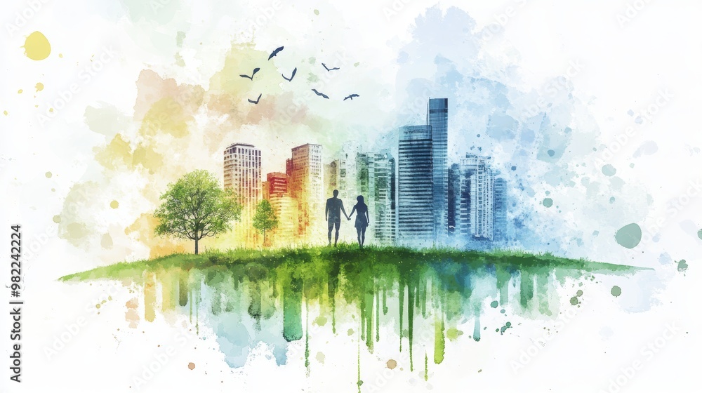 Fototapeta premium Modern entrepreneurship setting focused on healthy habits and green technology, a balance of innovation and well-being, fresh and dynamic watercolor tones