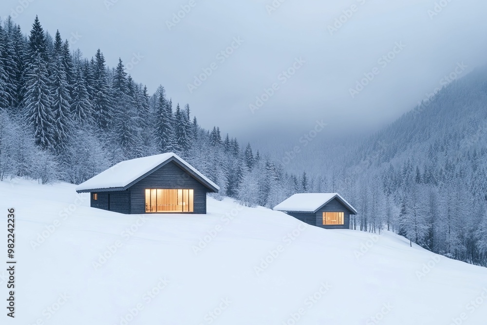 Charming Snow-Covered Cabin in a Winter Wonderland Surrounded by Majestic Pine Trees, Evoking a Cozy and Tranquil Atmosphere in a Scenic Landscape Charming Snow-Covered Cabin in a Winter Wonderland Surrounded by Majestic Pine Trees, Evoking a Cozy and Tranquil Atmosphere in a Scenic Landscape