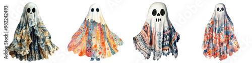 A collection of ghostly spooky figures in various ethereal transparent costumes and poses  These supernatural paranormal entities could be used for Halloween or occult designs or as part of a ghostly photo