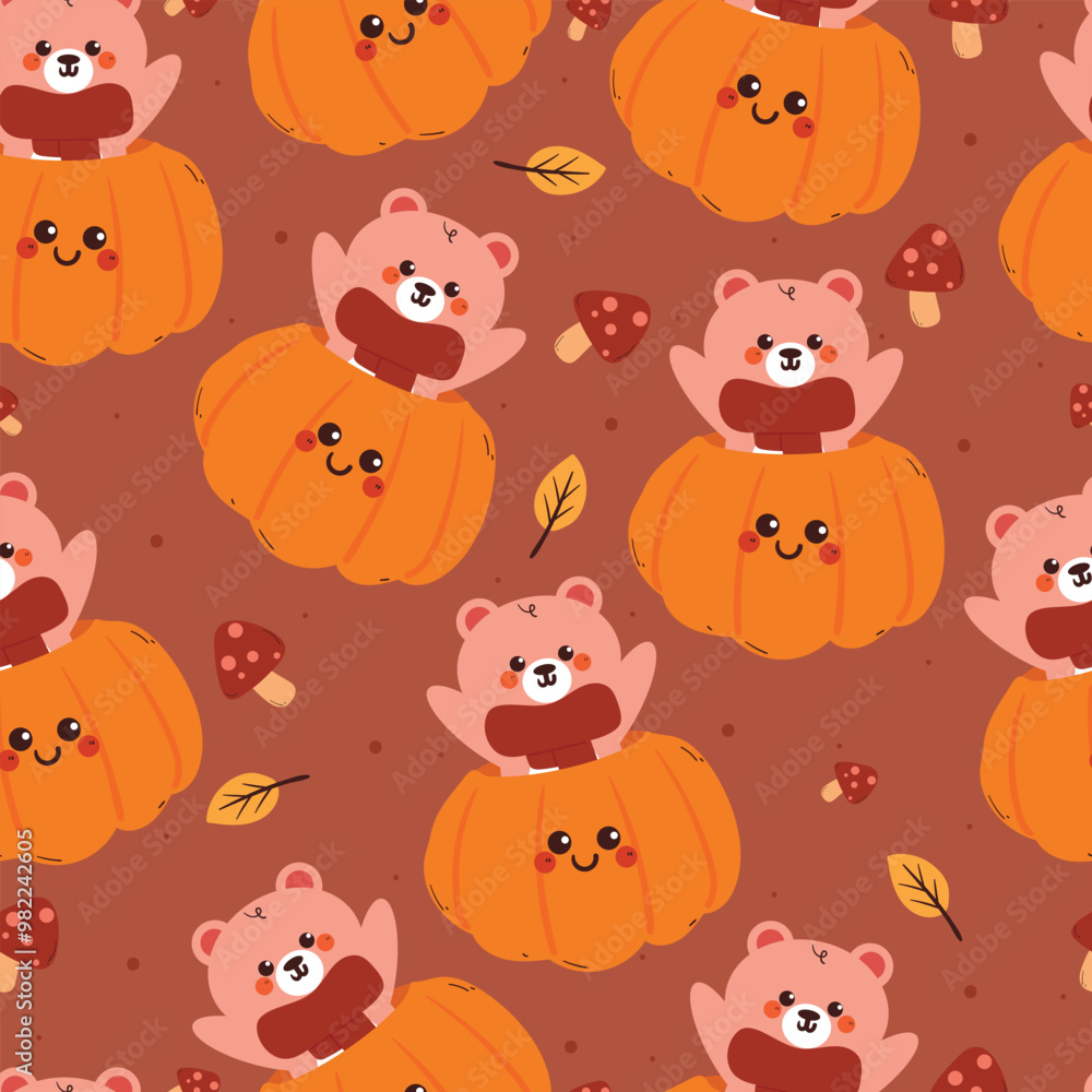 seamless pattern cartoon bear with autumn vibes. cute autumn fall wallpaper for fabric print, gift wrap paper seamless pattern cartoon bear with autumn vibes. cute autumn fall wallpaper for fabric print, gift wrap paper
