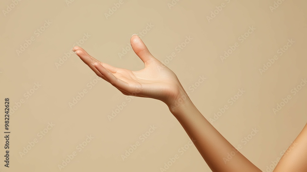 A woman's open hand with manicured nails against a beige background. A woman's open hand with manicured nails against a beige background.