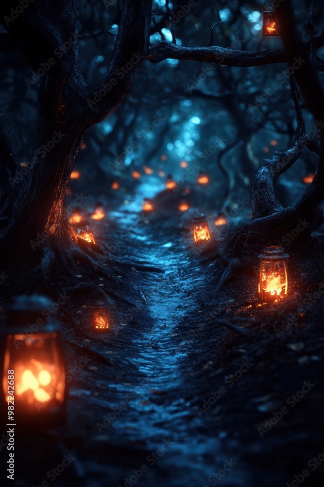 Obraz premium A dark forest path on Halloween night