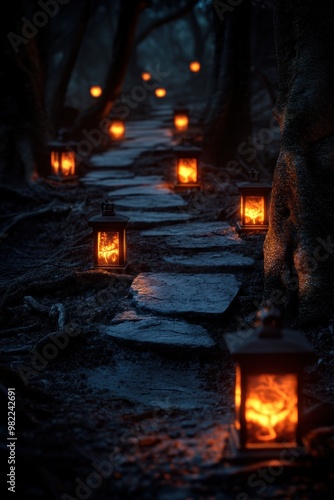 A dark forest path on Halloween night