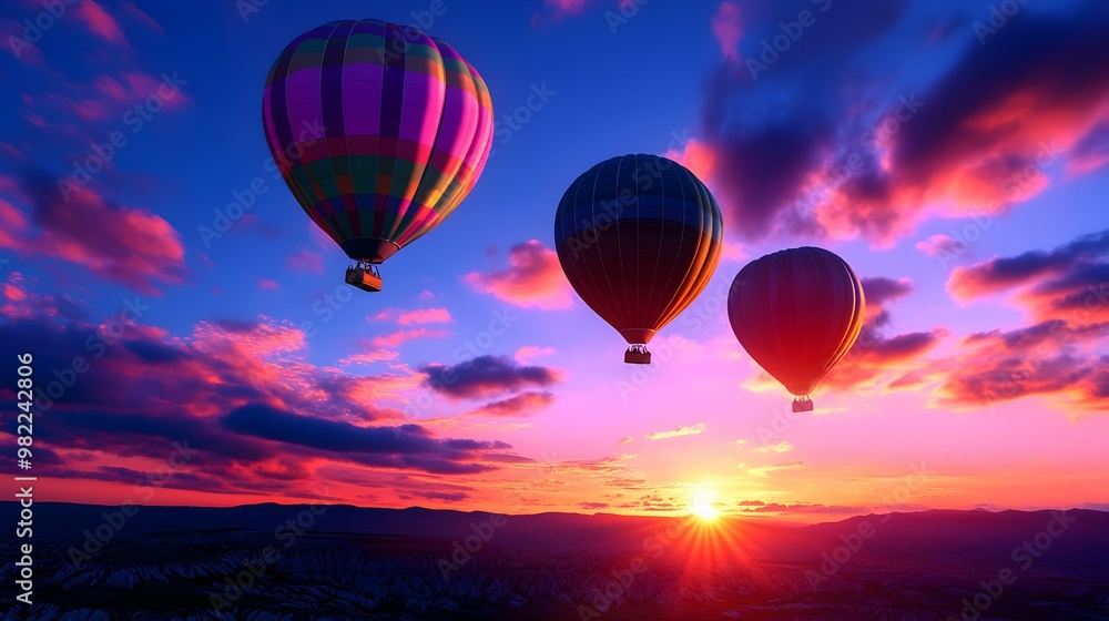 Hot Air Balloons at Sunset Over Scenic Landscape Hot Air Balloons at Sunset Over Scenic Landscape