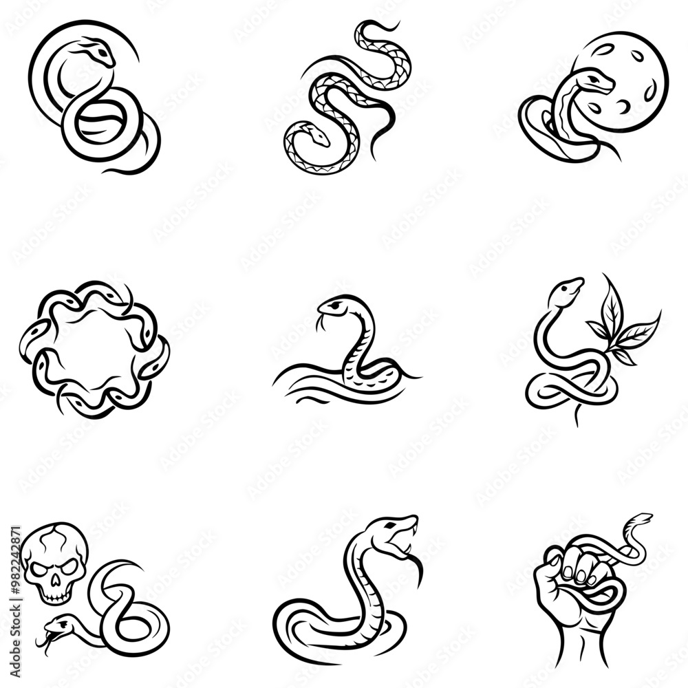 Fototapeta premium Icon collection of snake illustrations in various designs, black and white on a light background, copy space